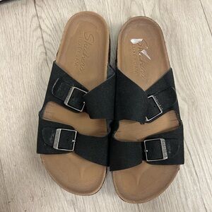 Skechers Women’s Two Strap Black Sandals Featuring a Luxe Foam Insole